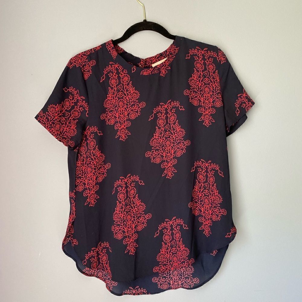 Ann Taylor loft medium women’s navy and pink short sleeve blouse/business casual